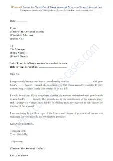 letter to bank manager for transfer of account from one branch to another
